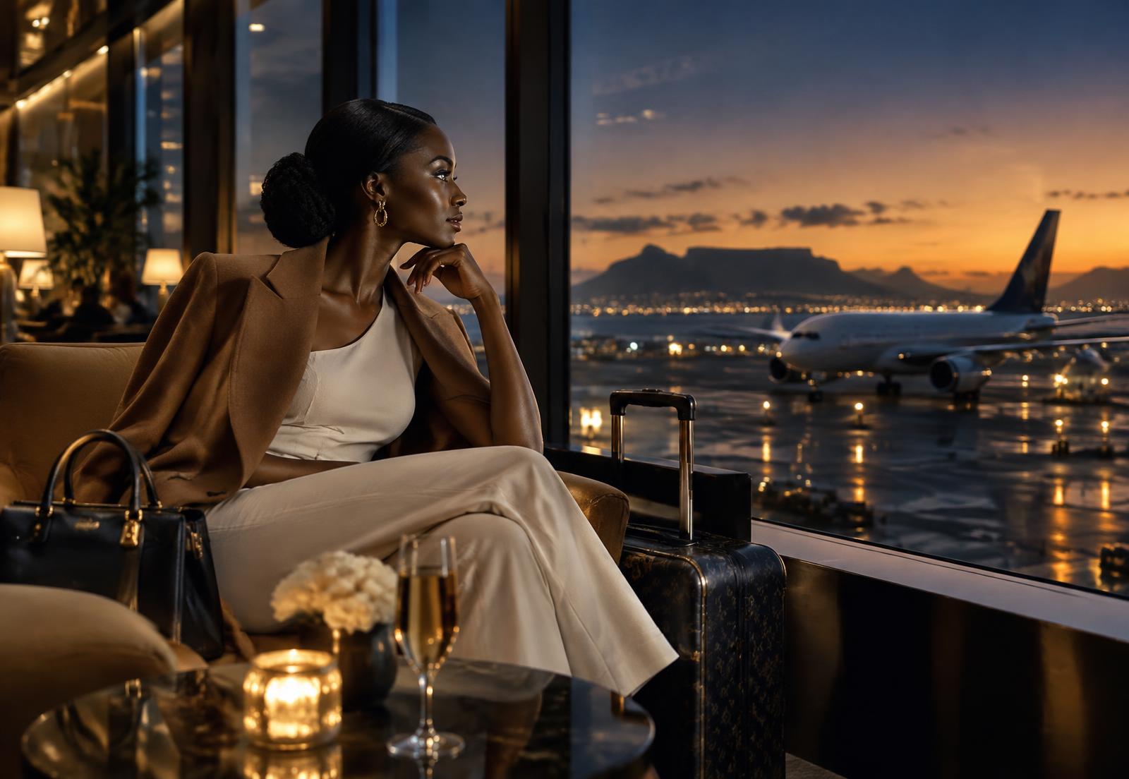 Voyageuse dans un salon d'aéroport au crépuscule